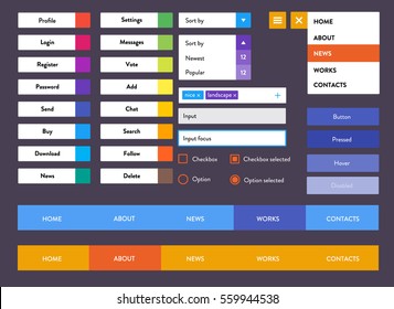 Style Flat Ui Kit Design Elements For Web Design With Drop Down Menu. Flat Icons With Menu, Input And Menu Bar.