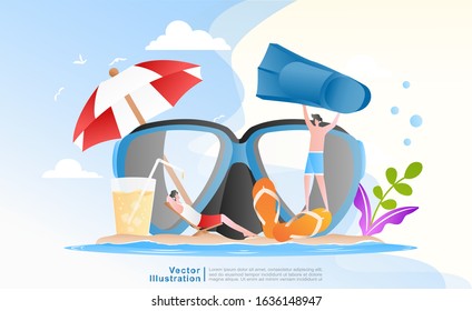 style flat vector cartoon illustration summer vacation. 2 men are very happy to enjoy diving on the beautiful island, and relax to see the beautiful beach scenery to relieve stress. for web, poster. 