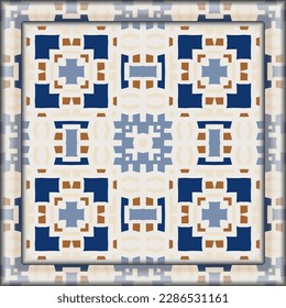 Style geometric pattern in white blue orange, fabric repeating texture. Use this pattern in the design of carpet, shawl, pillow, textile, ceramic tiles. Frame. 