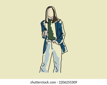 Style. Girl with coffee. Vector graphics