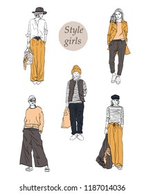 Style girls casual hand drawn sketch style hat hipster look fresh young glass trousers fashion street 