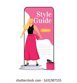 Style Guide Cartoon Smartphone Vector App Screen. Designer Clothes Catalog. Choose New Outfits. Mobile Phone Display With Flat Character Design Mockup. Fashion Trends Application Telephone Interface