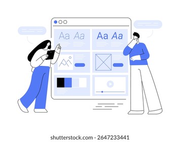 Style guide isolated cartoon vector illustrations. Typography worker give a style guide to customer, UI design industry, color scheme, user interface engineering, IT company vector cartoon.