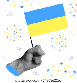 Style Halftone Collage isolated white background. Ukrainian flag in trendy Halftone collage style. Retro grunge vector illustration can used template web banner, poster, greeting card design.