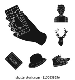 Style Hipster black icons in set collection for design. Hipster Attributes and accessories vector symbol stock web illustration.