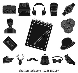 Style Hipster black icons in set collection for design. Hipster Attributes and accessories vector symbol stock web illustration.