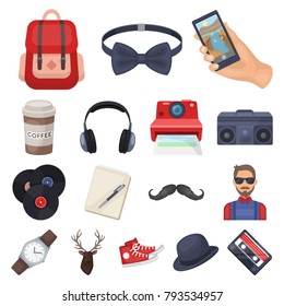Style Hipster cartoon icons in set collection for design. Hipster Attributes and accessories vector symbol stock web illustration.