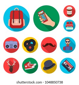 Style Hipster flat icons in set collection for design. Hipster Attributes and accessories vector symbol stock web illustration.