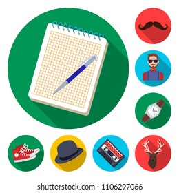 Style Hipster flat icons in set collection for design. Hipster Attributes and accessories vector symbol stock web illustration.