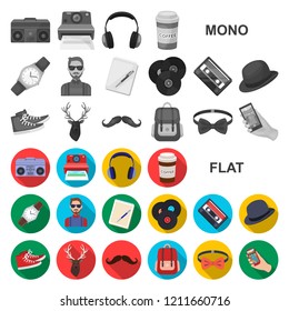 Style Hipster flat icons in set collection for design. Hipster Attributes and accessories vector symbol stock web illustration.