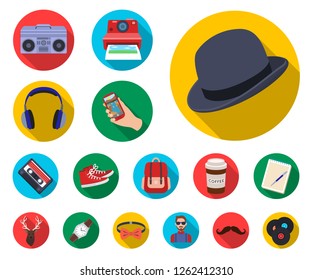 Style Hipster flat icons in set collection for design. Hipster Attributes and accessories vector symbol stock web illustration.