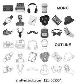Style Hipster monochrom icons in set collection for design. Hipster Attributes and accessories vector symbol stock web illustration.