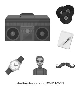 Style Hipster monochrome icons in set collection for design. Hipster Attributes and accessories vector symbol stock web illustration.