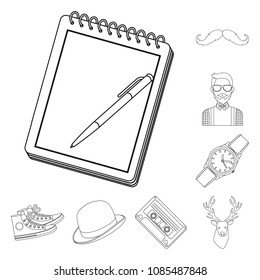 Style Hipster outline icons in set collection for design. Hipster Attributes and accessories vector symbol stock web illustration.