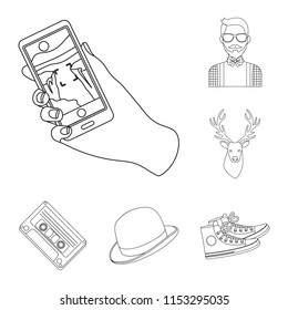 Style Hipster outline icons in set collection for design. Hipster Attributes and accessories vector symbol stock web illustration.