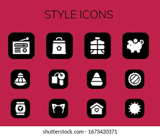 style icon set. 12 filled style icons.  Simple modern icons such as: Radio, Terrarium, Bag, Charcoal, Hotel key, Headband, Vest, Candy corn, Home, Piggy bank, Cap, Sun