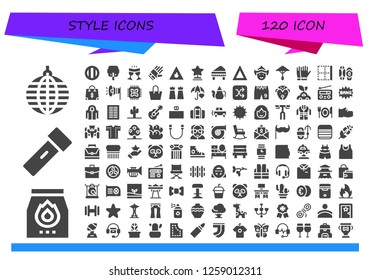  style icon set. 120 filled style icons. Simple modern icons about  - Mirror ball, Charcoal, Lantern, Soda, Tree, Glasses, Gloves, Fire, Star, Piano, Woman, Umbrella, Border, Surf