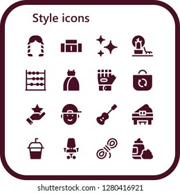  style icon set. 16 filled style icons. Simple modern icons about  - Hairstyle, Sofa, Stars, Landscape, Abacus, Dress, Glove, Bag, Star, Boy, Acoustic guitar, Piano, Soda, Desk chair
