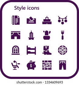 style icon set. 16 filled style icons.  Collection Of - Notes, Note, Castle, Necklace, Shorts, Pagoda, Cactus, Fork, Window, Bunk bed, Boots, Stained glass, Chair, Piggy bank