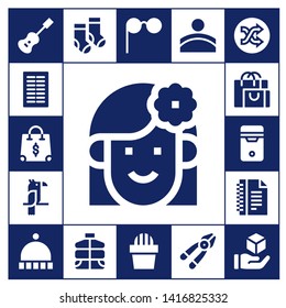 style icon set. 17 filled style icons.  Collection Of - Acoustic guitar, Columns, Shopping bag, Woman, Parrot, Cpu, Notes, Beanie, Socks, Vest, Glasses, Cactus, Convex, Plier