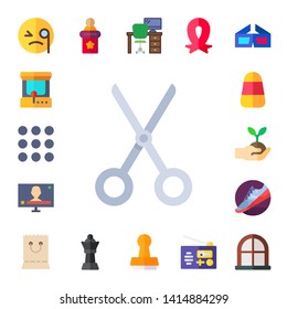 style icon set. 17 flat style icons.  Collection Of - monocle, arcade machine, menu, scissors, television, candy corn, plant tree, gym shoes, bag, speech, queen, desk, stamp, ribbon