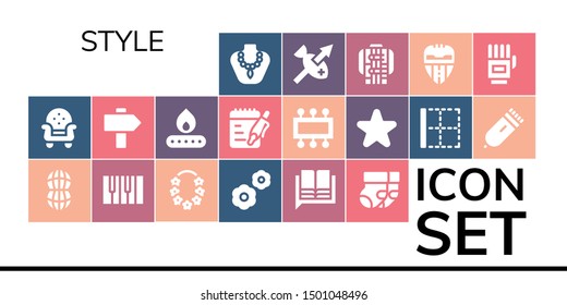 style icon set. 19 filled style icons.  Collection Of - Necklace, Armchair, Peanut, Piano, Flower, Flowers, Language, Socks, Sign, Fire, Notes, Cpu, Star, Border, Electric razor