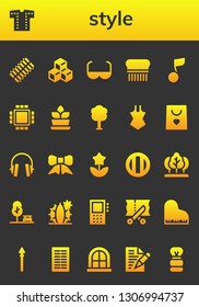 style icon set. 26 filled style icons.  Simple modern icons about  - Hair curler, Shirt, Cube, Sun glasses, Flea, Musical note, Cpu, Fern, Tree, Swimsuit, Shopping bag, Headphones