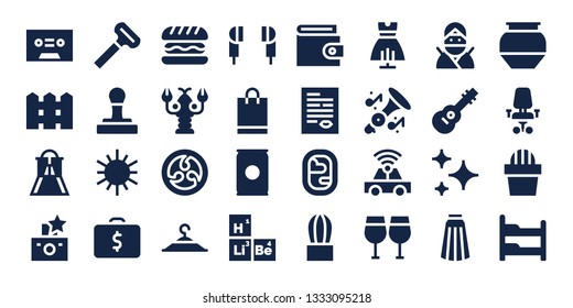 style icon set. 32 filled style icons. on blue background style Simple modern icons about  - Tape, Fence, Slider, Flash, Razor, Stamp, Sun, Briefcase, Hamburger, Lobster, Kamon