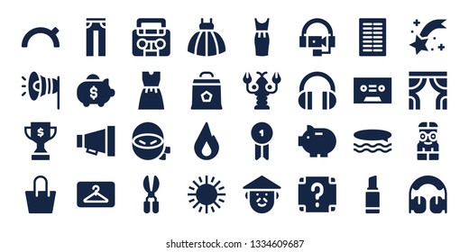 style icon set. 32 filled style icons. on blue background style Simple modern icons about  - Evening, Megaphone, Trophy, Bag, Jeans, Piggy bank, Hanger, Radio, Dress, Ninja, Scissors