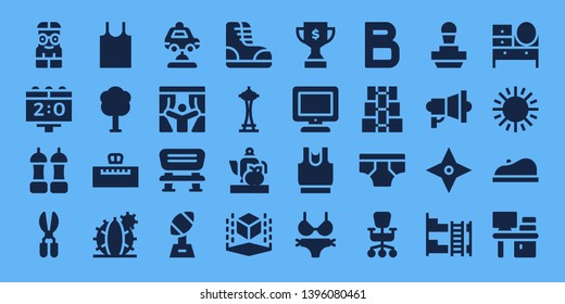 style icon set. 32 filled style icons. on blue background style Simple modern icons about  - Nerd, Scoreboard, Salt, Scissors, Tank top, Tree, Piano, Cactus, Car, Curtains, Bench