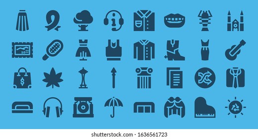 style icon set. 32 filled style icons. on blue background style Simple modern icons such as: Skirt, Stamp, Shopping bag, Nail dryer, Ribbon, Comb, Marijuana, Headphones, Tree