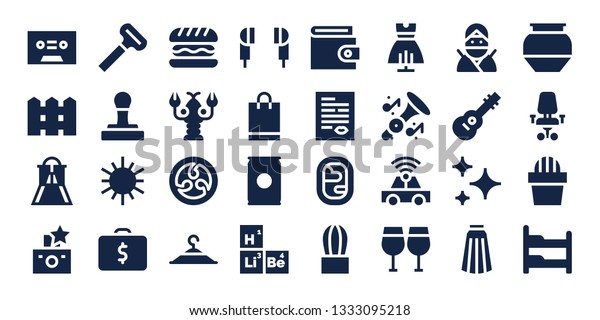 style icon set.\
32 filled style icons. on blue background style Simple modern icons\
about  - Tape, Fence, Slider, Flash, Razor, Stamp, Sun, Briefcase,\
Hamburger, Lobster,\
Kamon