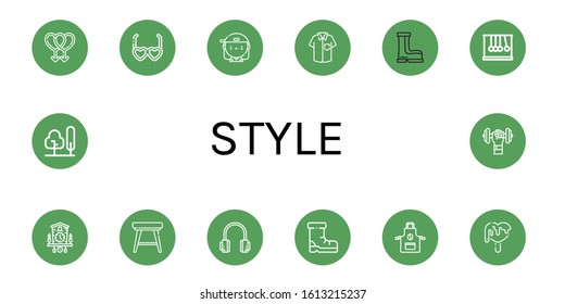 style icon set. Collection of Gay, Sunglasses, Skater, Shirt, Boots, Newtons cradle, Cuckoo clock, Stool, Headphones, Shoes, Apron, Love, Tree, Dumbbell icons