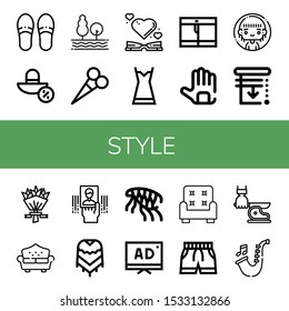 style icon set. Collection of Slippers, Sun hat, Tree, Scissors, Heart, Nightgown, Shorts, Gloves, Woman, Blinds, Flower bouquet, Sofa, Business card, Poncho, Flea, Tv, Armchair icons