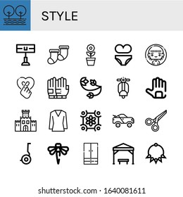 style icon set. Collection of Tree, Home team, Socks, Flower, Bikini, Woman, Heart, Gloves, Floral design, Vespa, Fortification, Blouse, Racing car, Scissors, Segway, Dragonfly icons