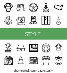 style icon set. Collection of Vase, Reading, Moped, Gloves, Steering wheel, Dress, Ceiling lamp, Wardrobe, United states of america, Guitar, Trophy, Sunglasses, Tree, Newtons cradle icons