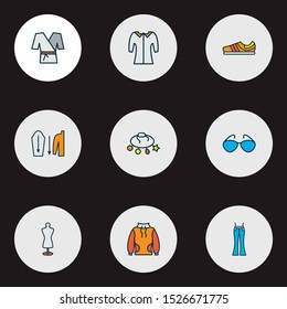 Style icons colored line set with high-round collar, trainer shoes, kimono and other sneaker elements. Isolated vector illustration style icons.