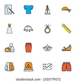 Style icons colored line set with puffed sleeve shirt, cross stitch, apparel and other footwear
 elements. Isolated vector illustration style icons.