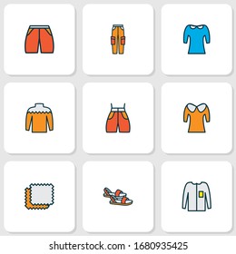 Style icons colored line set with long sleeve, material samples, sandals beachwear elements. Isolated vector illustration style icons.