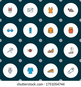 Iconos de estilo colorido conjunto de líneas con el pin de seguridad, la parte superior, el cardigan y otros elementos de zapatos. Iconos aislados de estilo de ilustración vectorial.