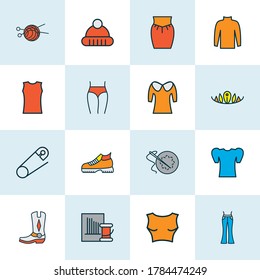 Style icons colored line set with cowboy boots, sleeveless shirt, turtleneck sweater and other needlework elements. Isolated vector illustration style icons.
