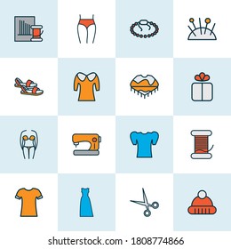 Style icons colored line set with sewing machine, shirt, maxi dress and other puritan collar elements. Isolated vector illustration style icons.