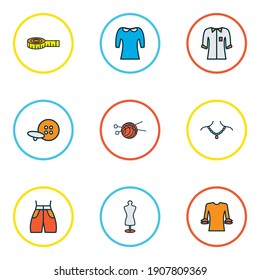 Style icons colored line set with tailors dummy, skein of yarn, pan collar and other wool elements. Isolated vector illustration style icons.