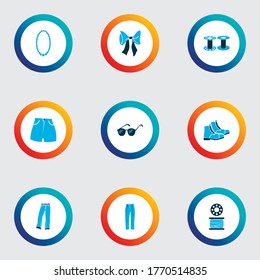 Style icons colored set with classic pants, denim, high waist shorts and other boots elements. Isolated vector illustration style icons.