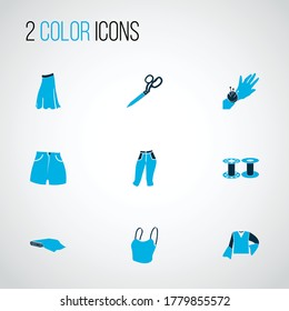 Iconos de estilo coloridos con la parte superior recortada, cizalladuras de sastre, pantalones cortos de cintura alta y otros elementos de tijeras. Iconos aislados de estilo de ilustración vectorial.