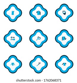 Stilsymbole mit langärmeligem Körper, Schneiderscheren, geschmeidigen Hemden und anderen Halskuchelementen. Isolierte Vektorgrafik-Stilsymbole.