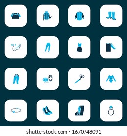 Style icons colored set with ring, sleeveless dress, bracelet and other woman bodysuit elements. Isolated vector illustration style icons.