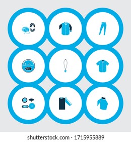 Style icons colored set with sleeve length, mid sleeve shirt, high waist jeans and other high round collar elements. Isolated vector illustration style icons.