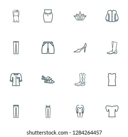 Style icons line style set with bishop sleeve shirt, puffed sleeve, pump shoes and other swimwear elements. Isolated vector illustration style icons.