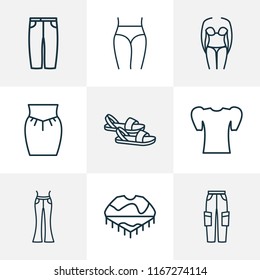 Style icons line style set with cargo pants, puffed sleeve, bikini and other shirt elements. Isolated vector illustration style icons.